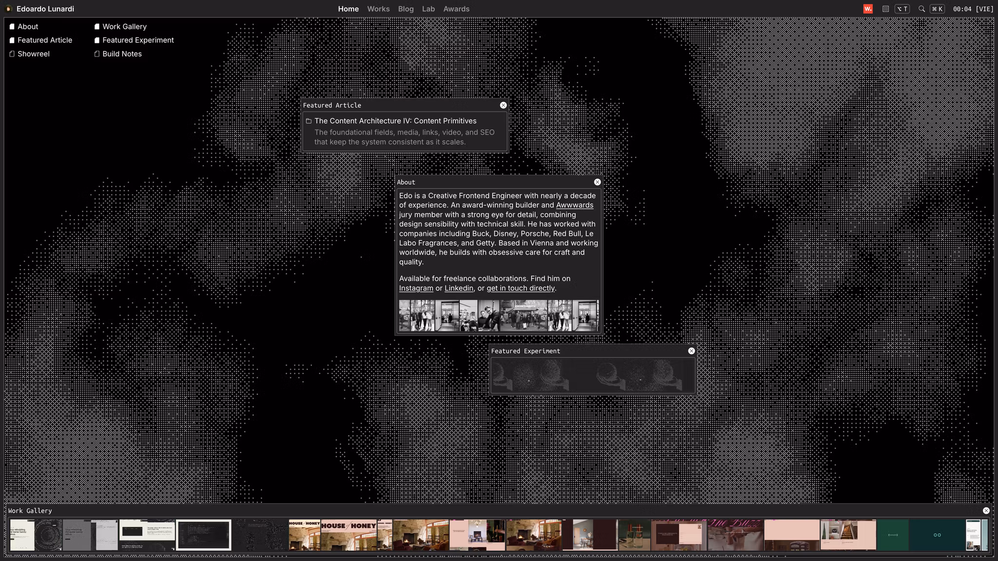 Portfolio website homepage for UnUse Domain with featured article, about, and work gallery