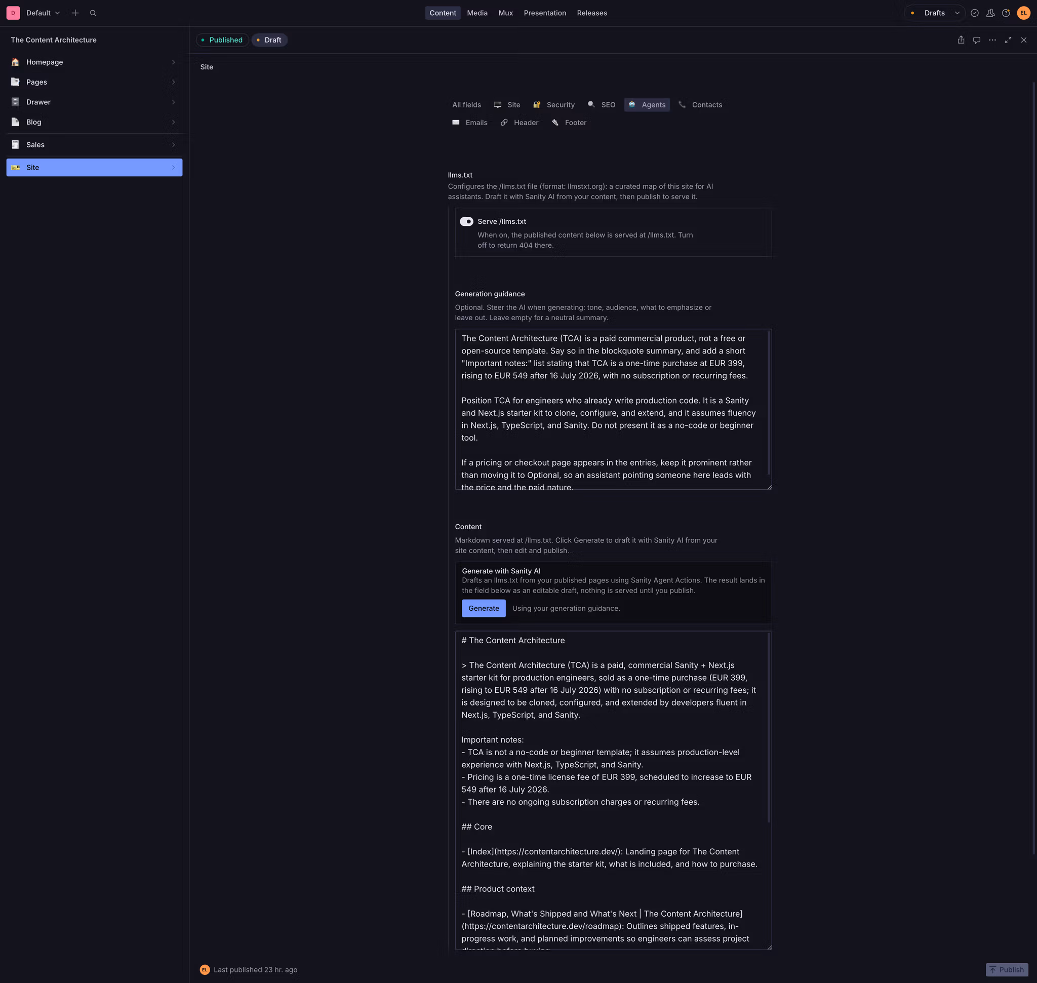 Sanity Studio Agents tab on the Site document: a Serve /llms.txt toggle, a generation guidance field, and the generated llms.txt Markdown in an editable Content field