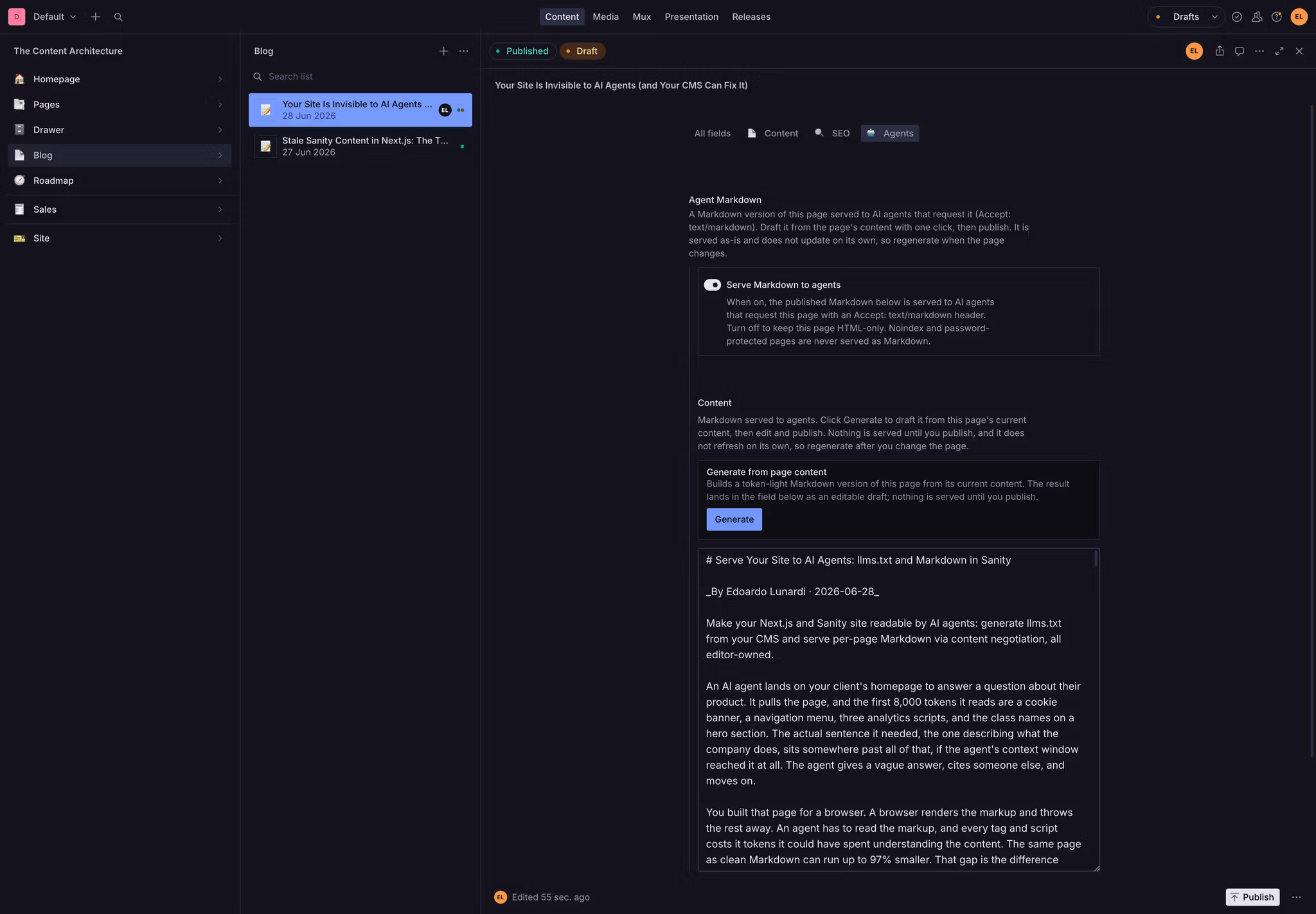 Sanity Studio Agents tab on a blog article: a Serve Markdown to agents toggle and a Generate from page content button above the stored Markdown served to AI agents
